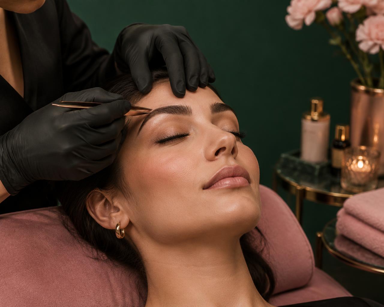 Brow shaping treatment in a green and pink treatment room